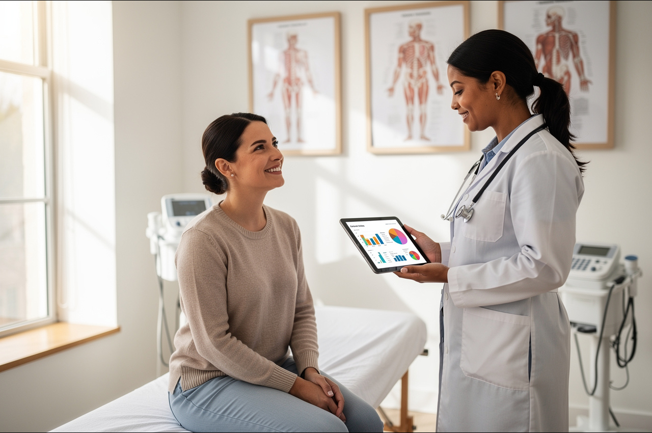 Confident woman discussing health screenings with doctor in a bright medical office