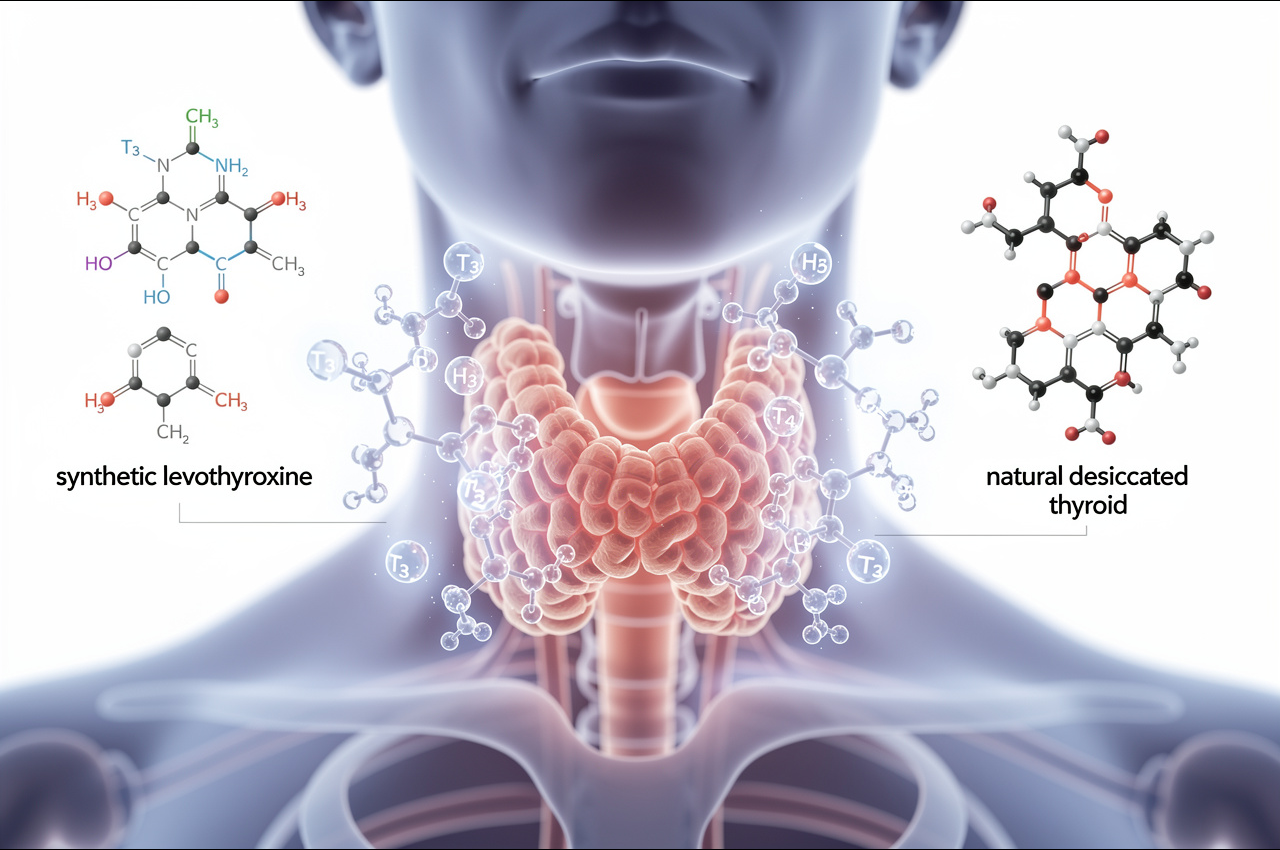 Illustration showing the thyroid gland with T3 and T4 hormone molecules, representing synthetic vs natural thyroid hormone options