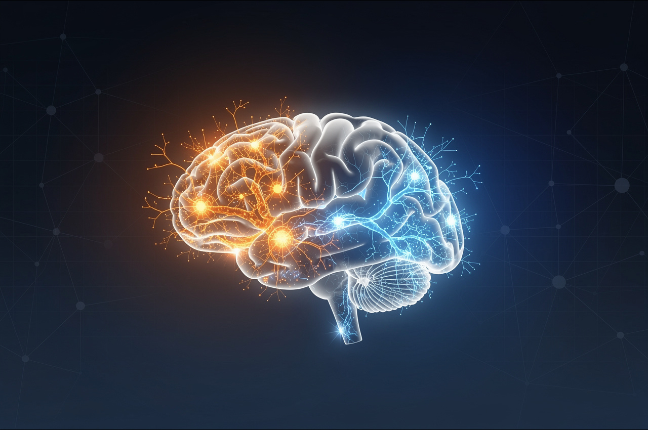 Glowing brain with neural network nodes and synaptic connections representing cognitive techniques for better memory