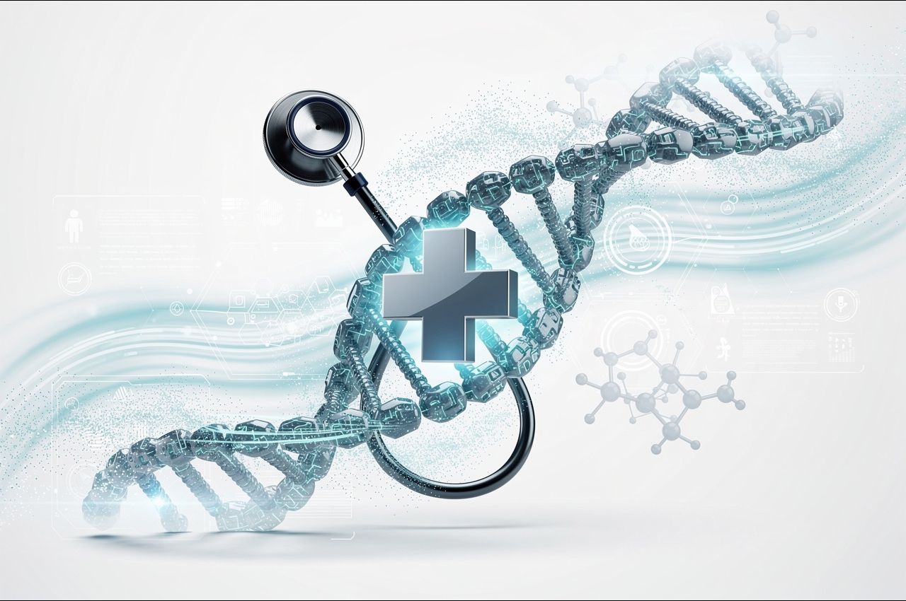 Personalized medicine concept: DNA helix integrated with medical symbols representing tailored autoimmune treatment plans