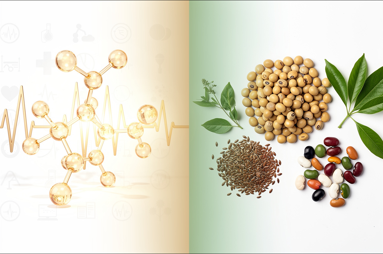 Split visual comparison of BHRT bioidentical hormones on left and phytoestrogen plant sources on right representing two approaches to hormonal balance