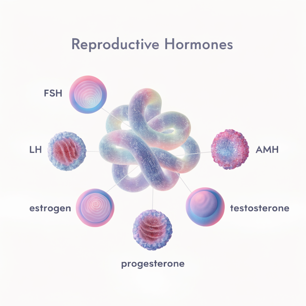 Diagram of key reproductive hormones FSH, LH, estrogen, progesterone, testosterone and AMH as interconnected glowing orbs