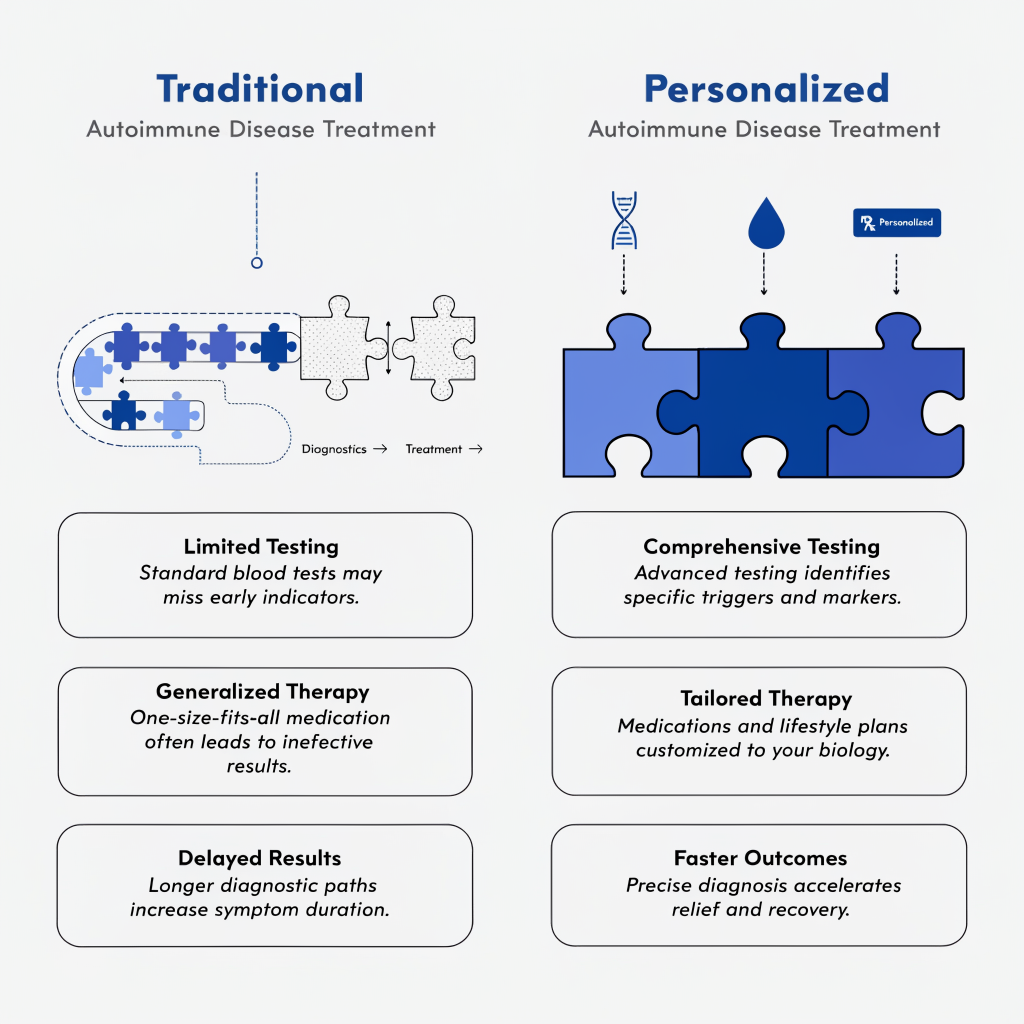 Infographic comparing traditional one-size-fits-all medicine with personalized medicine approach for autoimmune diseases