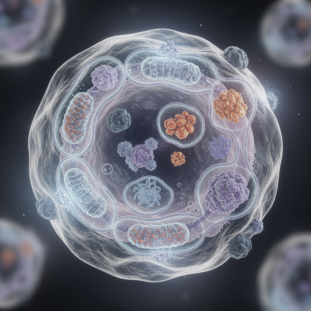Diagram showing autophagy and cellular cleanup process during intermittent fasting, recycling of damaged proteins and mitochondria