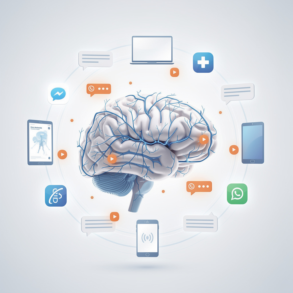 Illustration of a brain overwhelmed by digital notifications and screen distractions