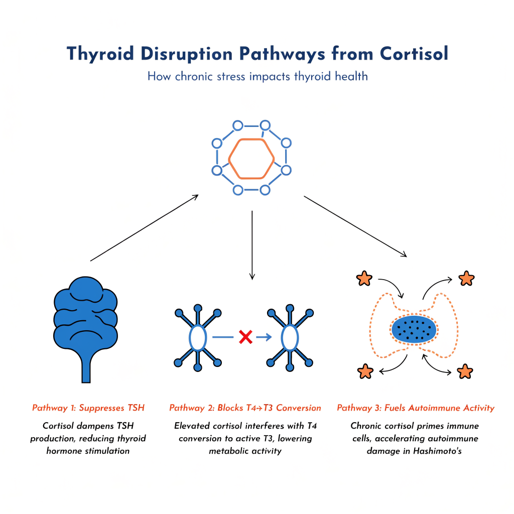 Diagram showing how cortisol disrupts thyroid function through three pathways: suppressing TSH, blocking T4 to T3 conversion, and fueling autoimmune activity