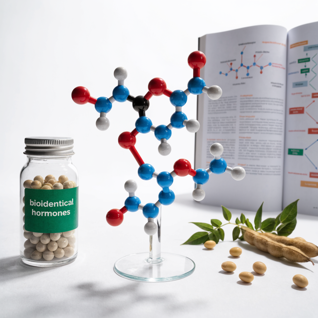 Educational display showing bioidentical hormone molecular structures with medical references