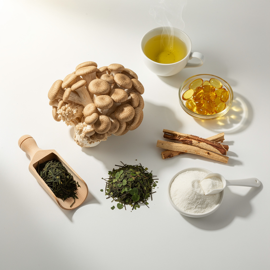 Flat-lay arrangement of natural nootropic supplements including lion's mane mushroom, green tea, bacopa monnieri, rhodiola rosea, omega-3 capsules, and creatine powder