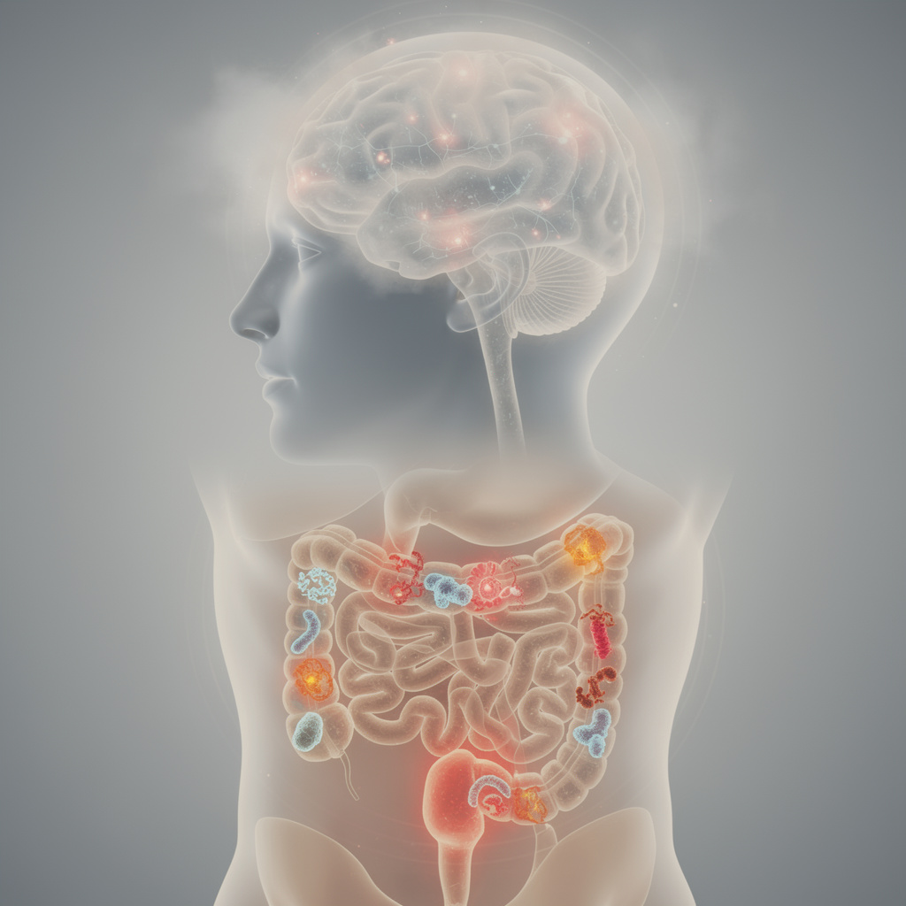 Visualization of brain fog connected to gut microbiome imbalance showing sluggish neural activity