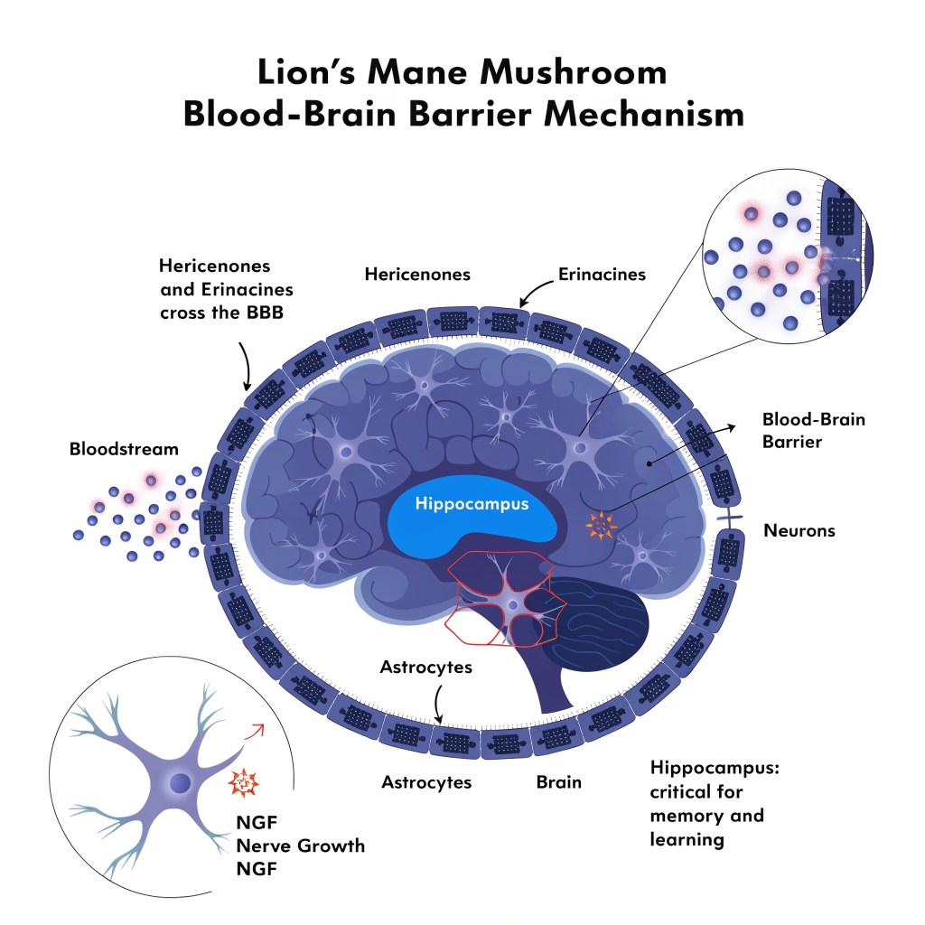 Infographic showing how hericenones and erinacines cross the blood-brain barrier and stimulate NGF synthesis in the brain