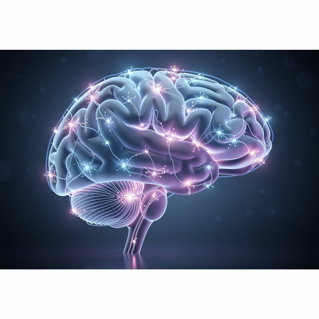 Brain illustration showing neural pathways and neuroplasticity concepts for senior cognitive health