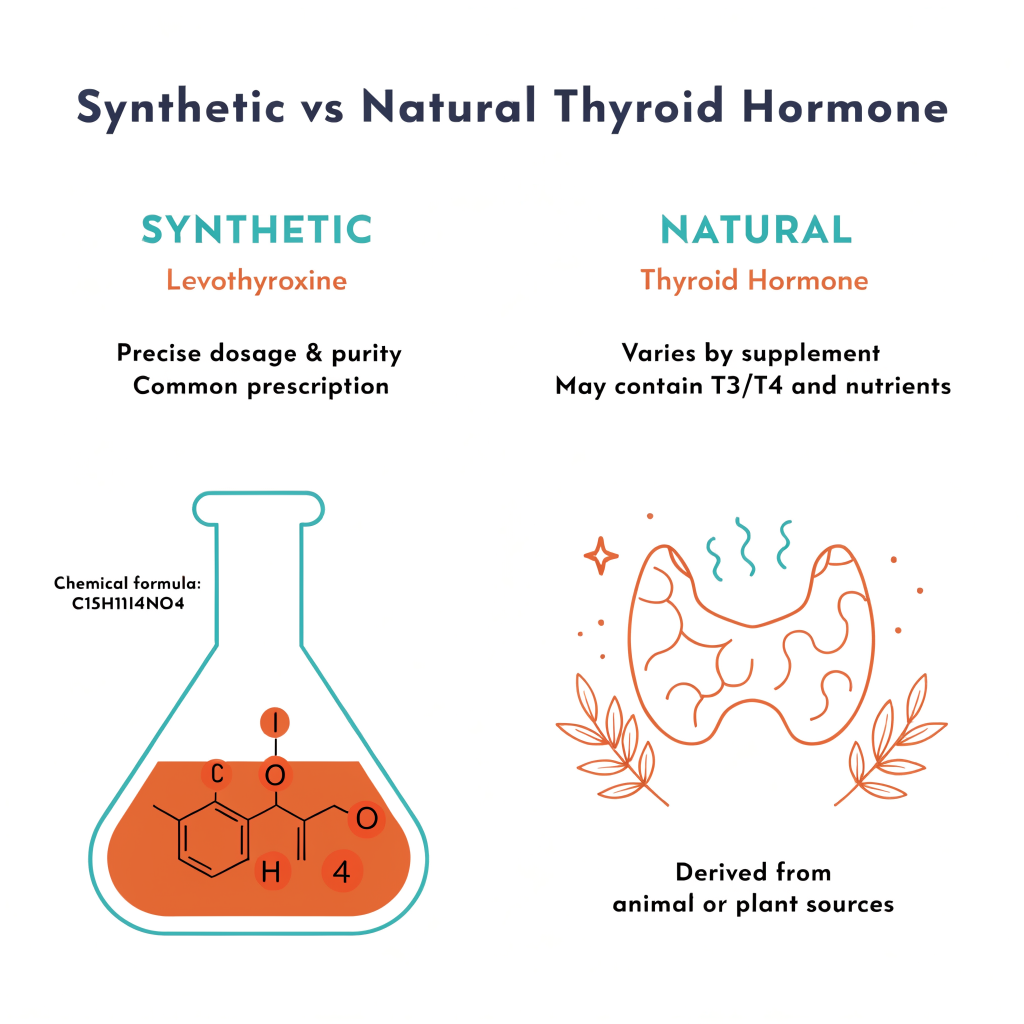 Side-by-side comparison graphic showing key differences between synthetic levothyroxine and natural desiccated thyroid
