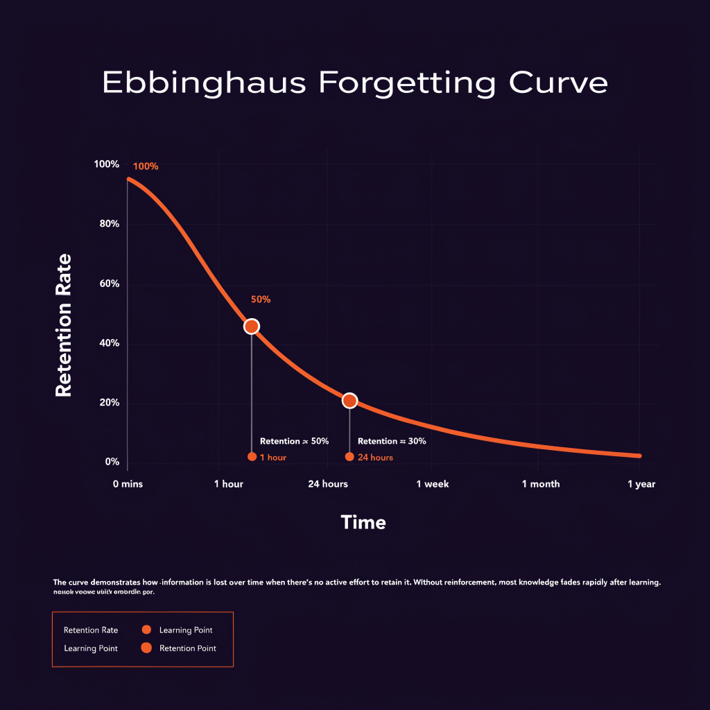 The Ebbinghaus forgetting curve diagram showing how memory retention declines rapidly from 100 percent to about 30 percent within 24 hours without active recall practice