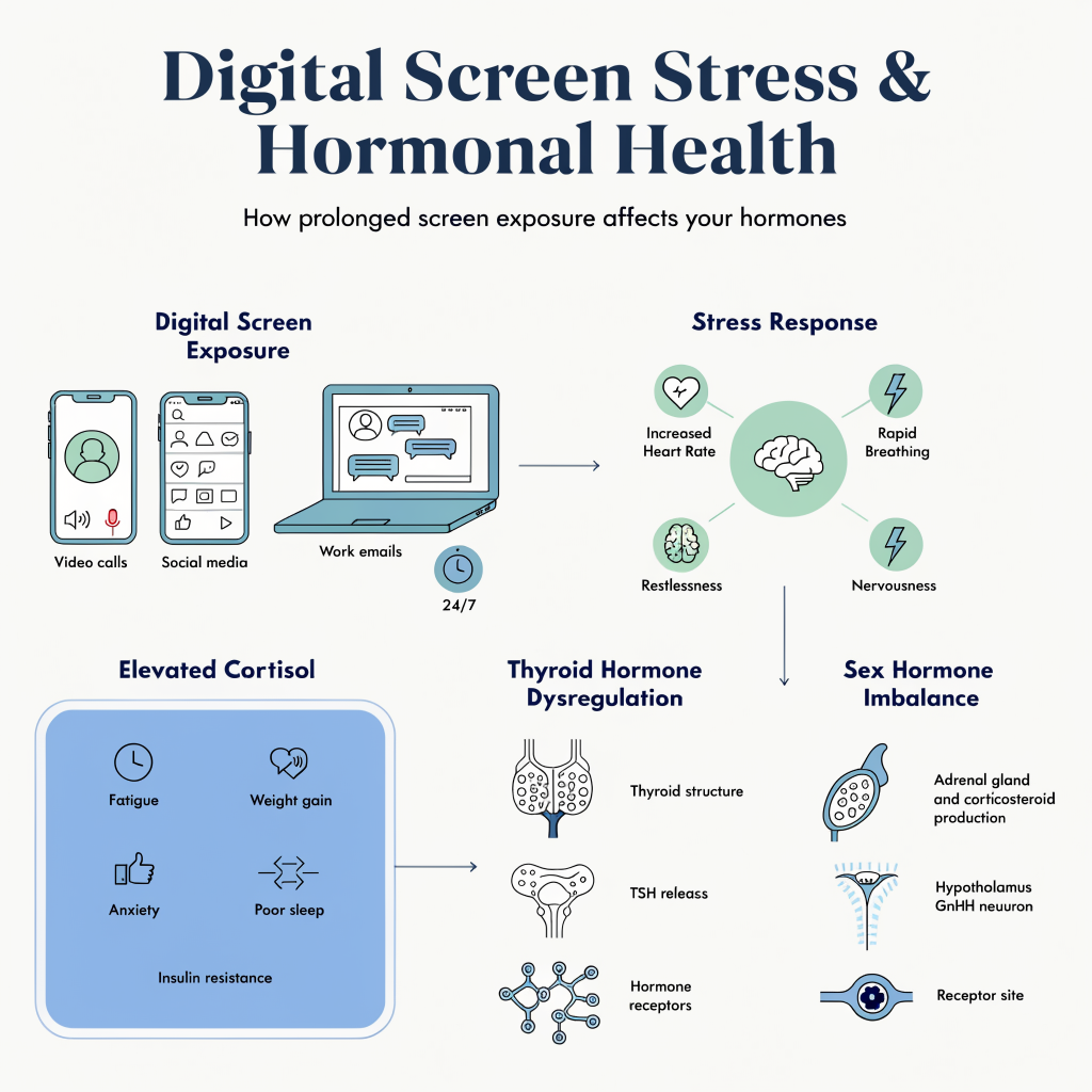 Infographic showing the hormonal stress pathway from digital overload through cortisol to thyroid and sex hormone disruption