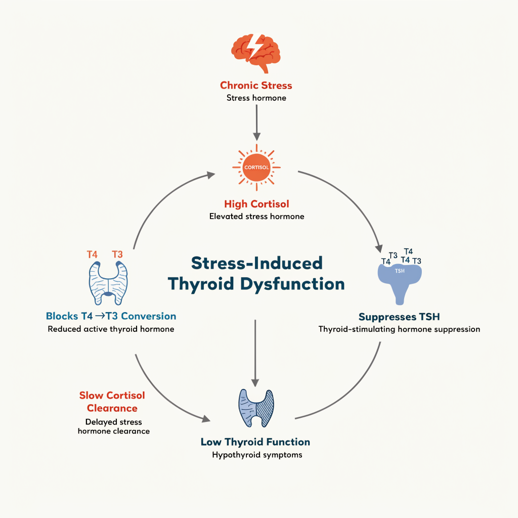 Circular diagram showing the self-reinforcing stress-thyroid feedback loop where cortisol blocks thyroid function and low thyroid slows cortisol clearance