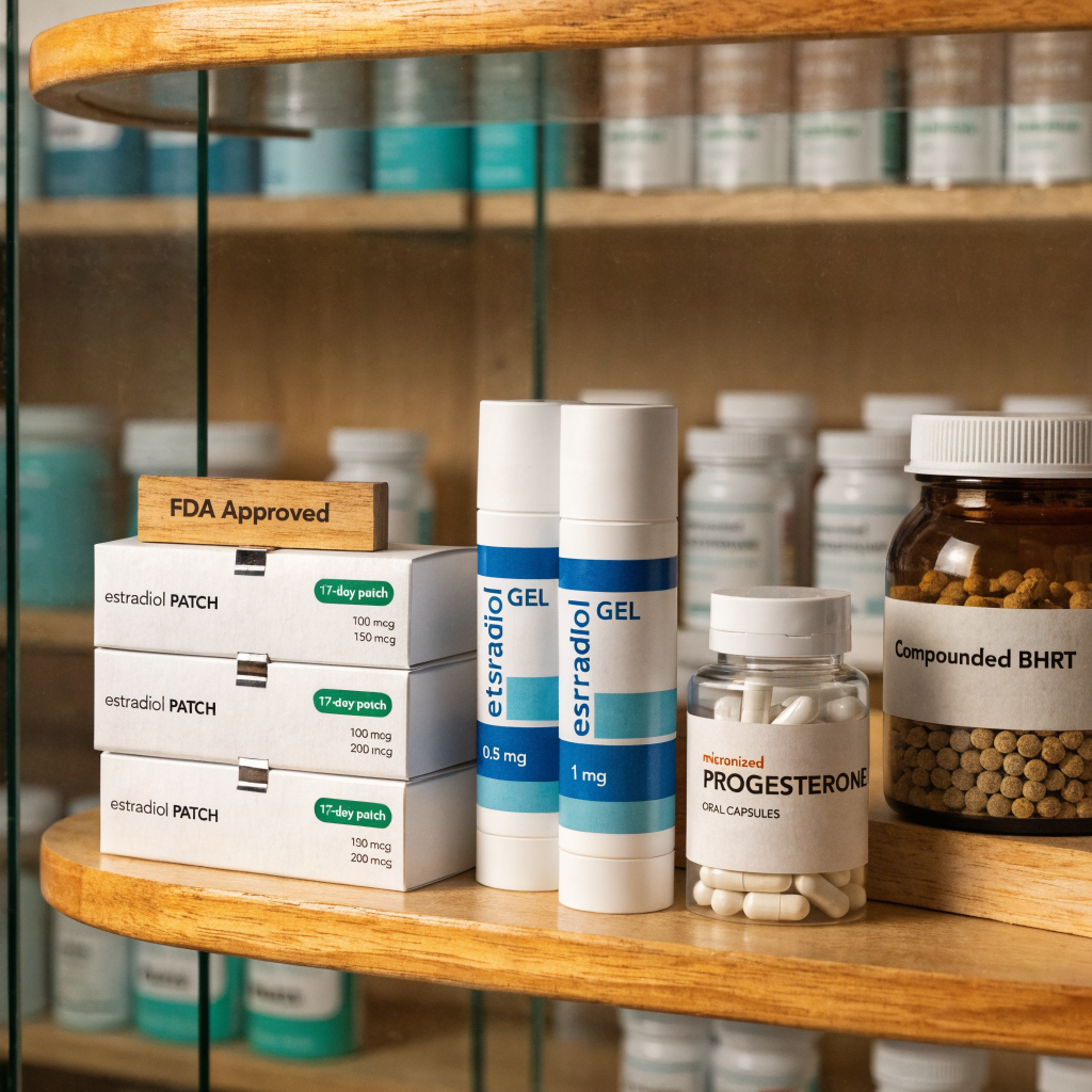 Comparison display of FDA-approved bioidentical hormone products alongside compounded BHRT preparations