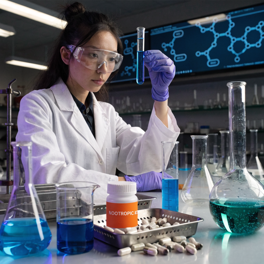 Laboratory research scene depicting synthetic nootropic compound development with molecular structures and lab equipment