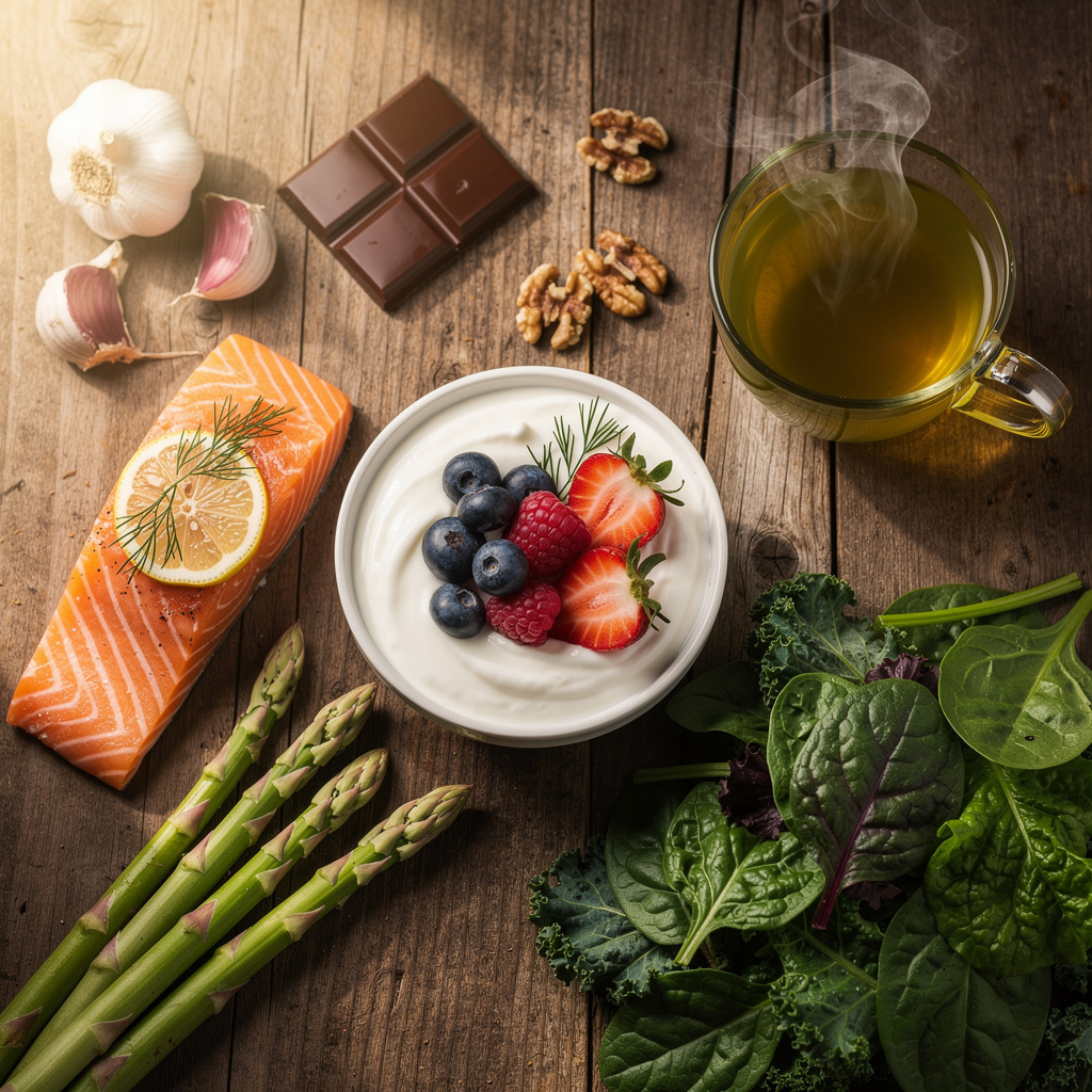 Artistic arrangement of foods that support gut health and brain function including yogurt, salmon, walnuts, berries, and leafy greens