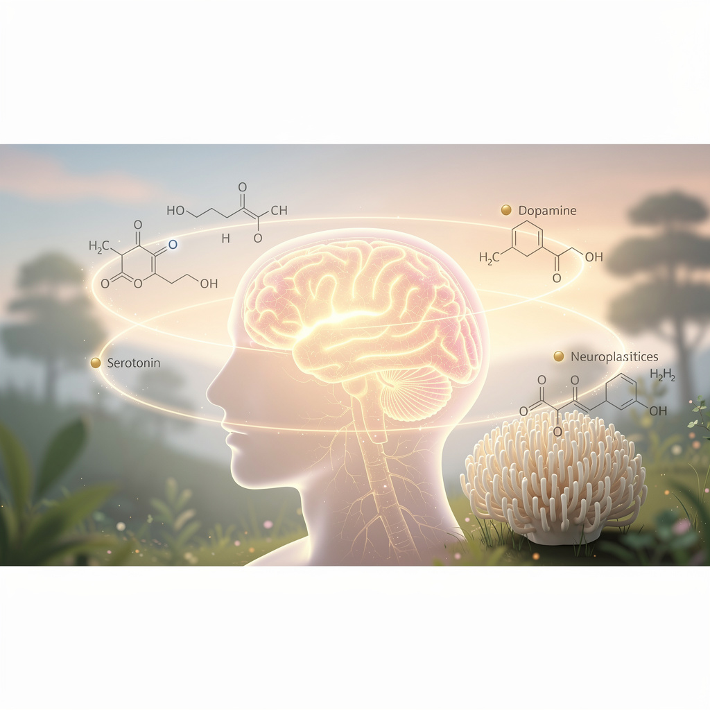 Mood-brain connection illustration showing how lion's mane compounds influence neurotransmitters and emotional regulation