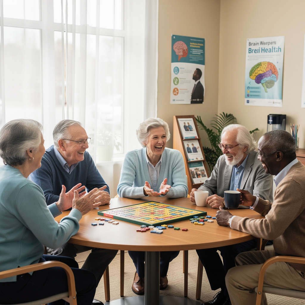 Group of seniors socializing together at a community center, demonstrating the importance of social connection for brain health