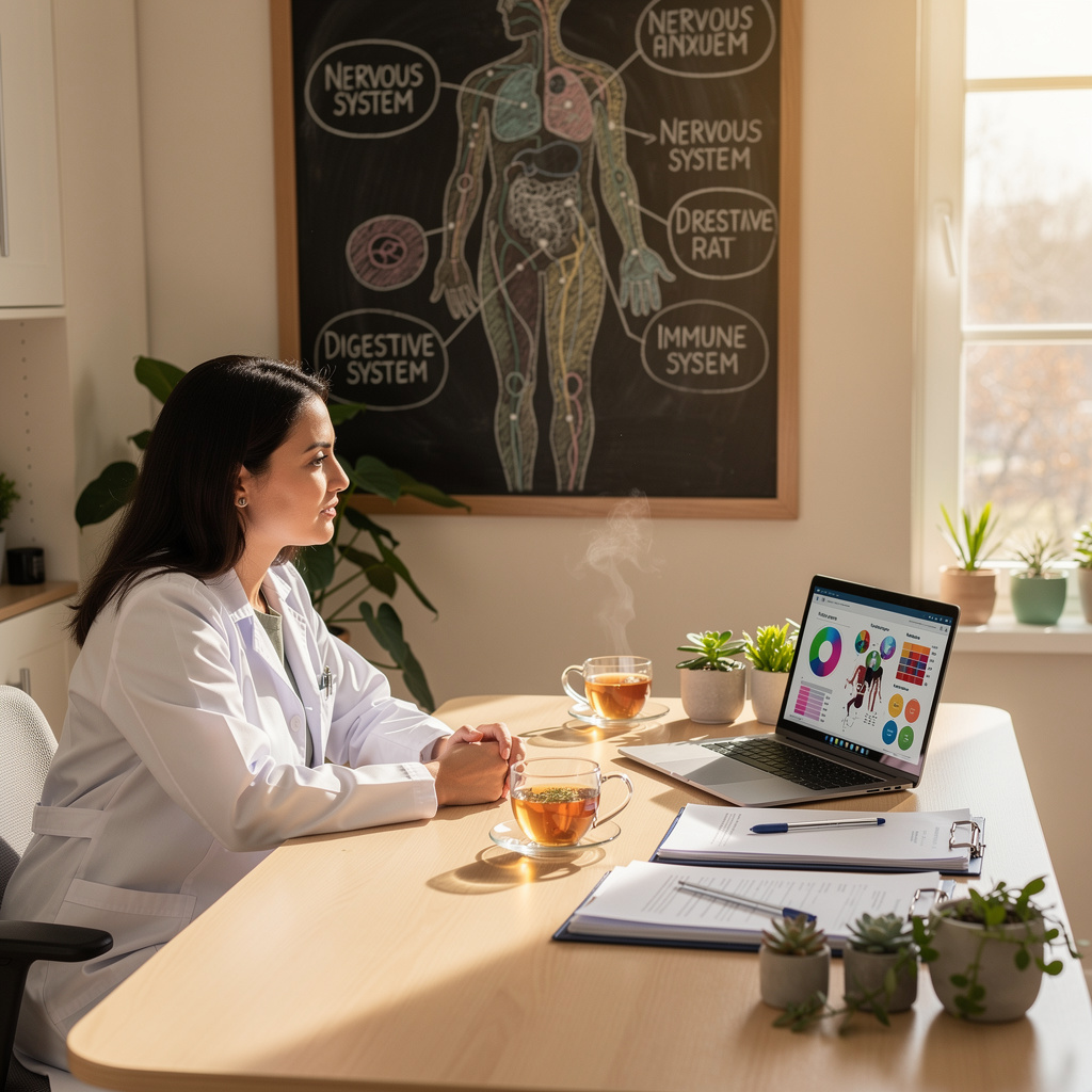 Naturopathic doctor and patient reviewing lab results in a warm holistic clinic