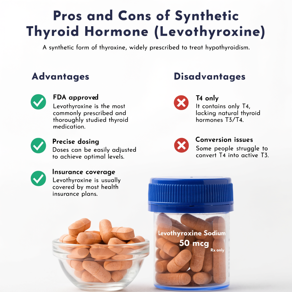 Visual breakdown of the advantages and disadvantages of synthetic thyroid hormone levothyroxine