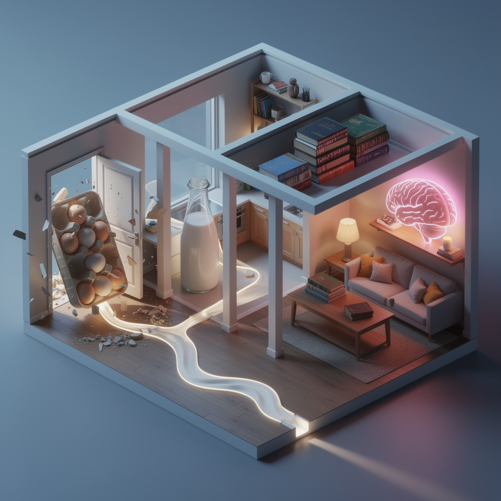 3D cutaway illustration of a memory palace technique showing a house with vivid objects placed in each room to demonstrate spatial memory for memorization