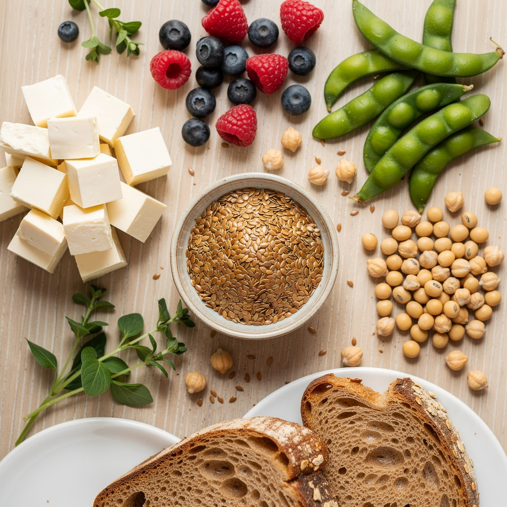 Flat lay arrangement of phytoestrogen-rich foods including flaxseeds, tofu, edamame, soybeans, chickpeas, berries, and whole grains