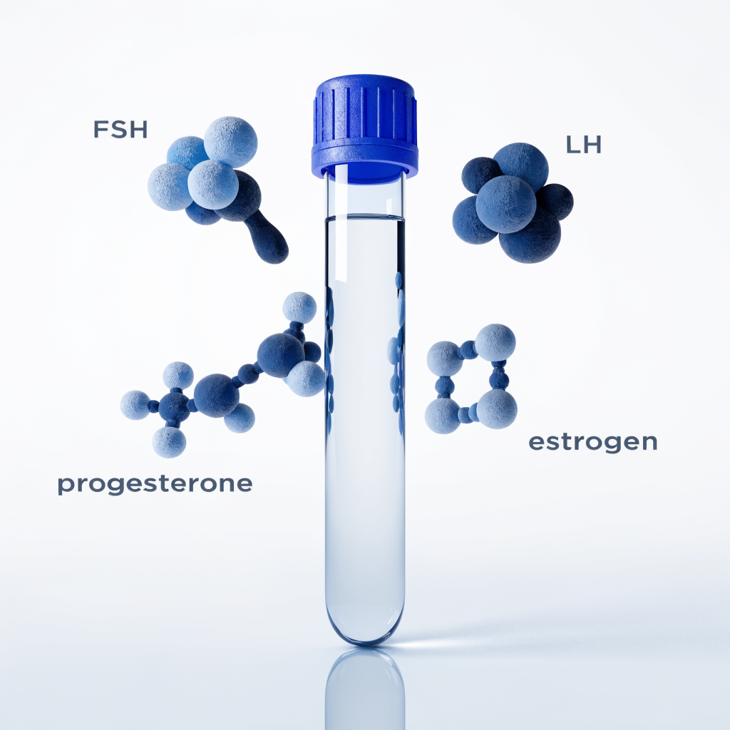Medical testing scene showing hormone blood test with floating FSH, LH, progesterone and estrogen molecule symbols
