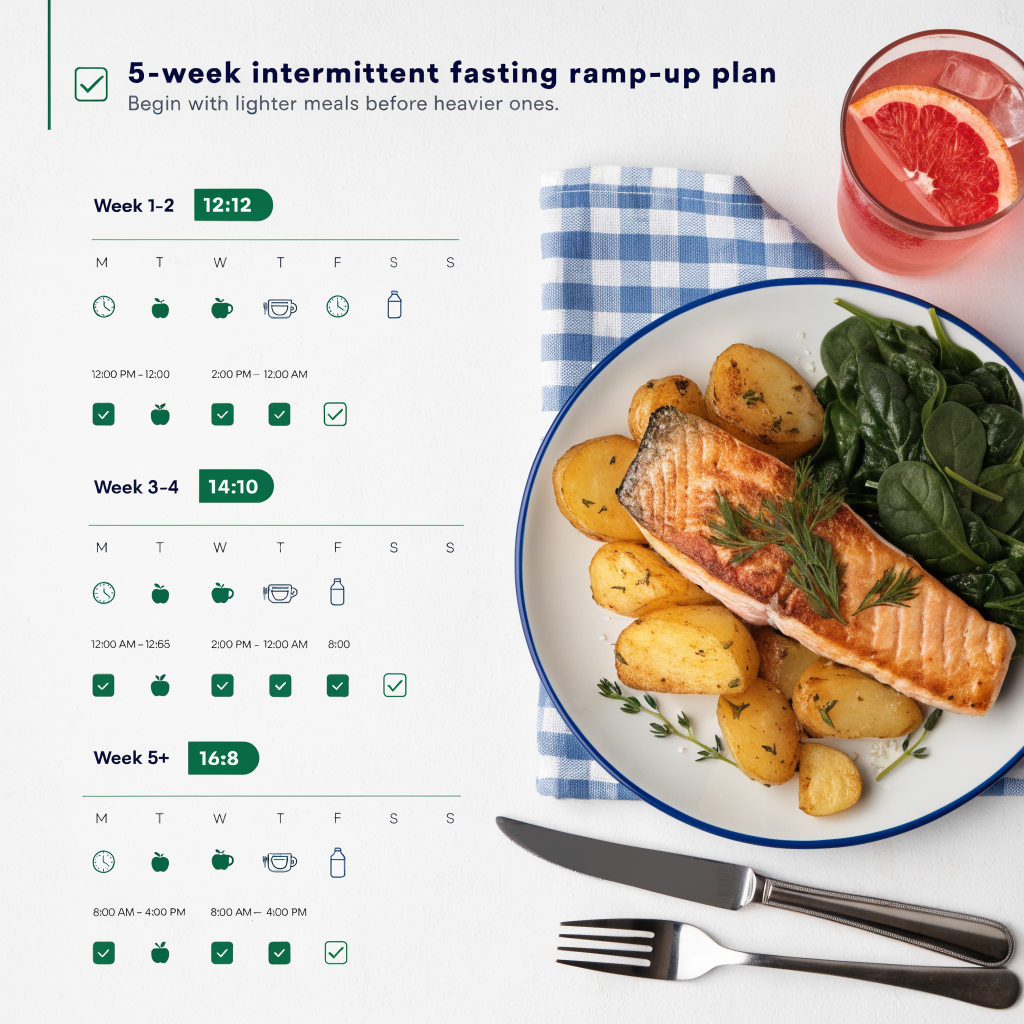 Five week intermittent fasting ramp up plan showing progression from 12:12 to 14:10 to 16:8 eating window schedule