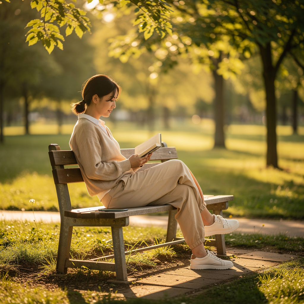 Peaceful scene of a person reading a physical book outdoors, representing digital detox and attention restoration