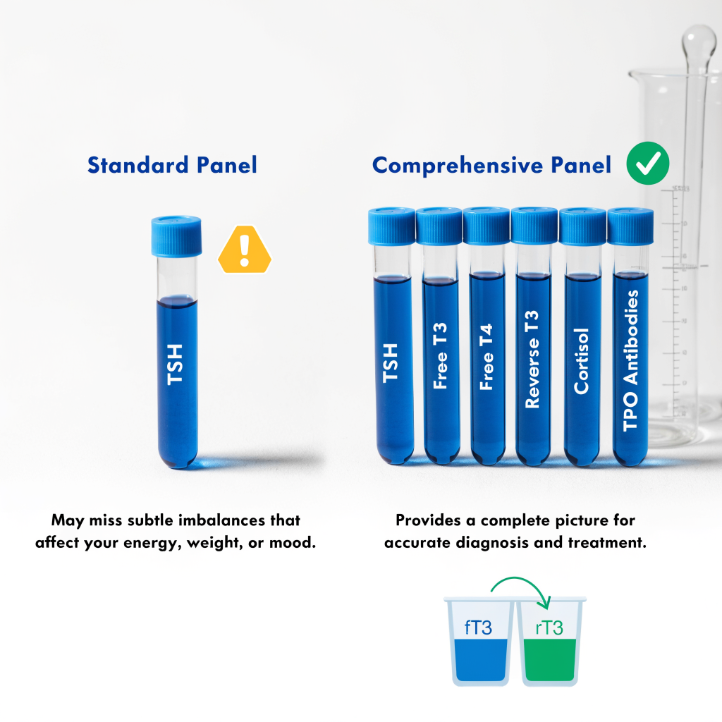 Infographic comparing a standard thyroid panel showing only TSH with a comprehensive panel including TSH, Free T3, Free T4, Reverse T3, Cortisol, and TPO antibodies