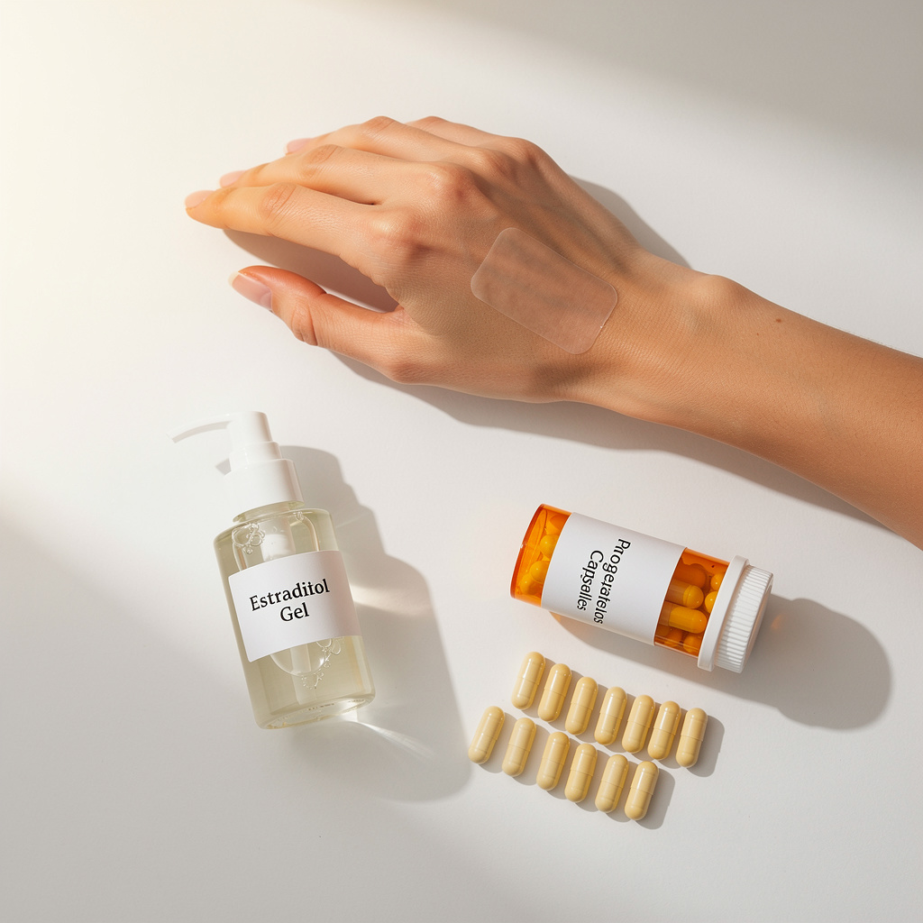 Various BHRT delivery methods: estradiol patch, gel, and oral capsules showing treatment options