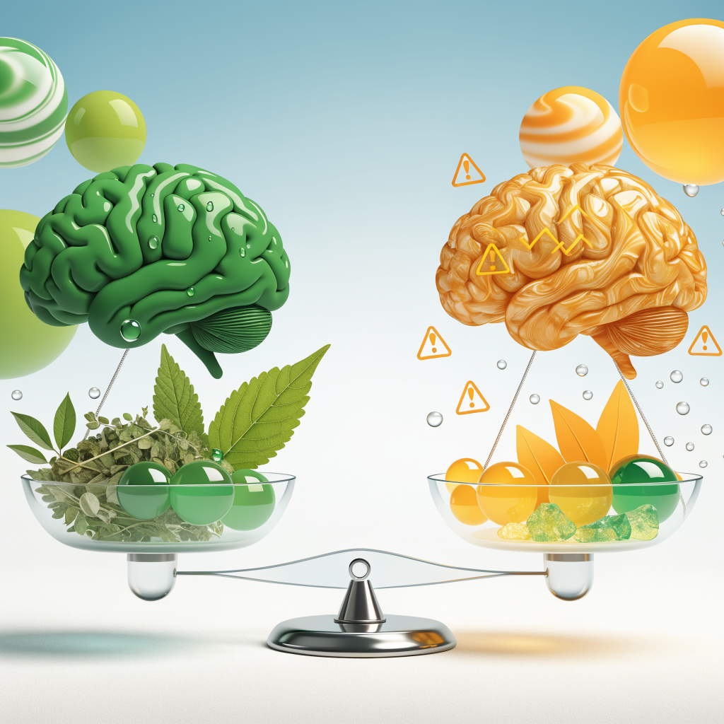 Side-by-side safety comparison visual showing natural nootropics with gentle green calm imagery versus synthetic nootropics with caution-themed elements