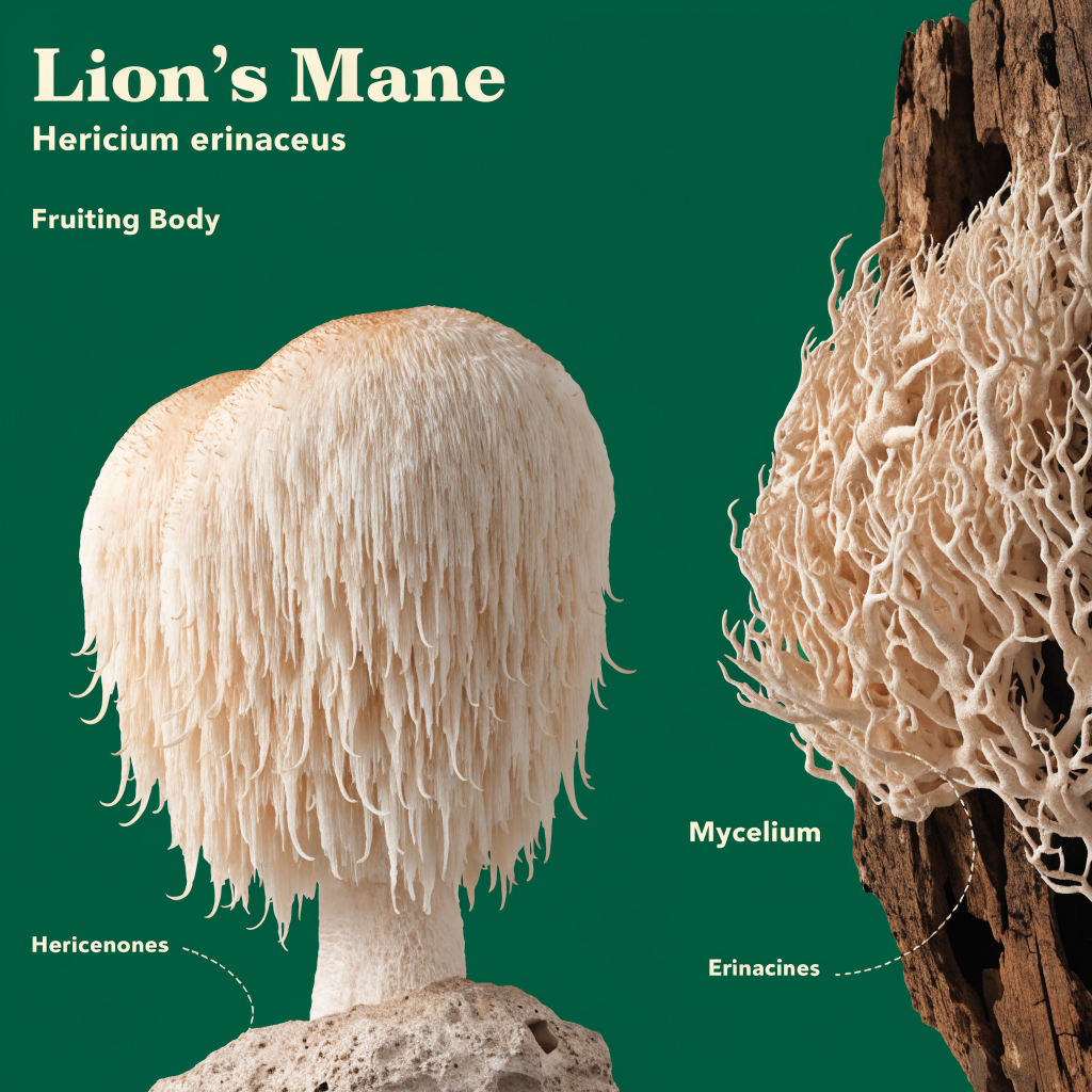 Side-by-side comparison of lion's mane fruiting body and mycelium showing where hericenones and erinacines are found