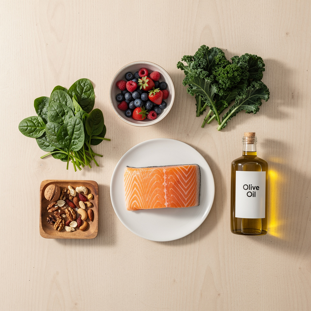 Healthy brain foods including berries, leafy greens, nuts, and fish arranged on a table for senior nutrition