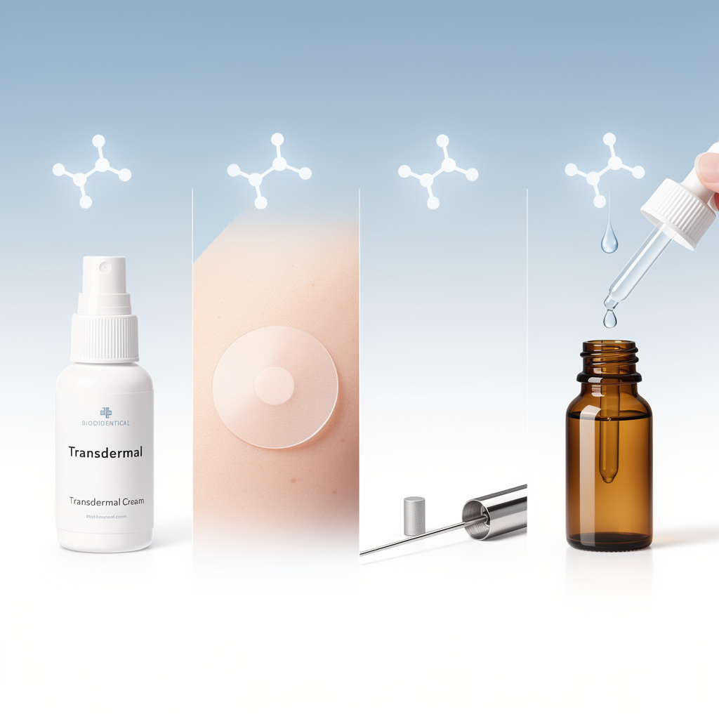 Medical illustration of four BHRT delivery methods: transdermal cream, skin patch, pellet with applicator, and sublingual drops with glowing hormone molecule icons