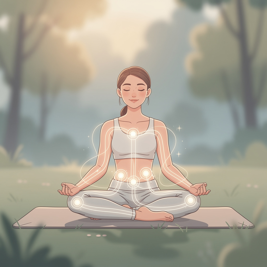 Woman practicing gentle yoga with glowing energy lines representing balanced hormones flowing through the body