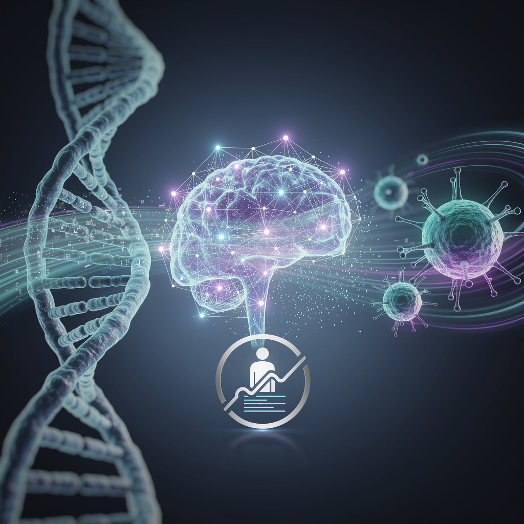 Future of personalized autoimmune treatment showing AI neural networks and CAR T-cell therapy converging on personalized treatment