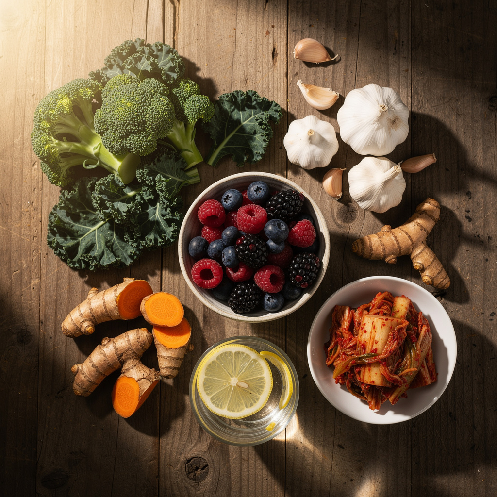 Guide to detox supporting foods for intermittent fasting including cruciferous vegetables, berries, garlic, turmeric, kimchi, and lemon water