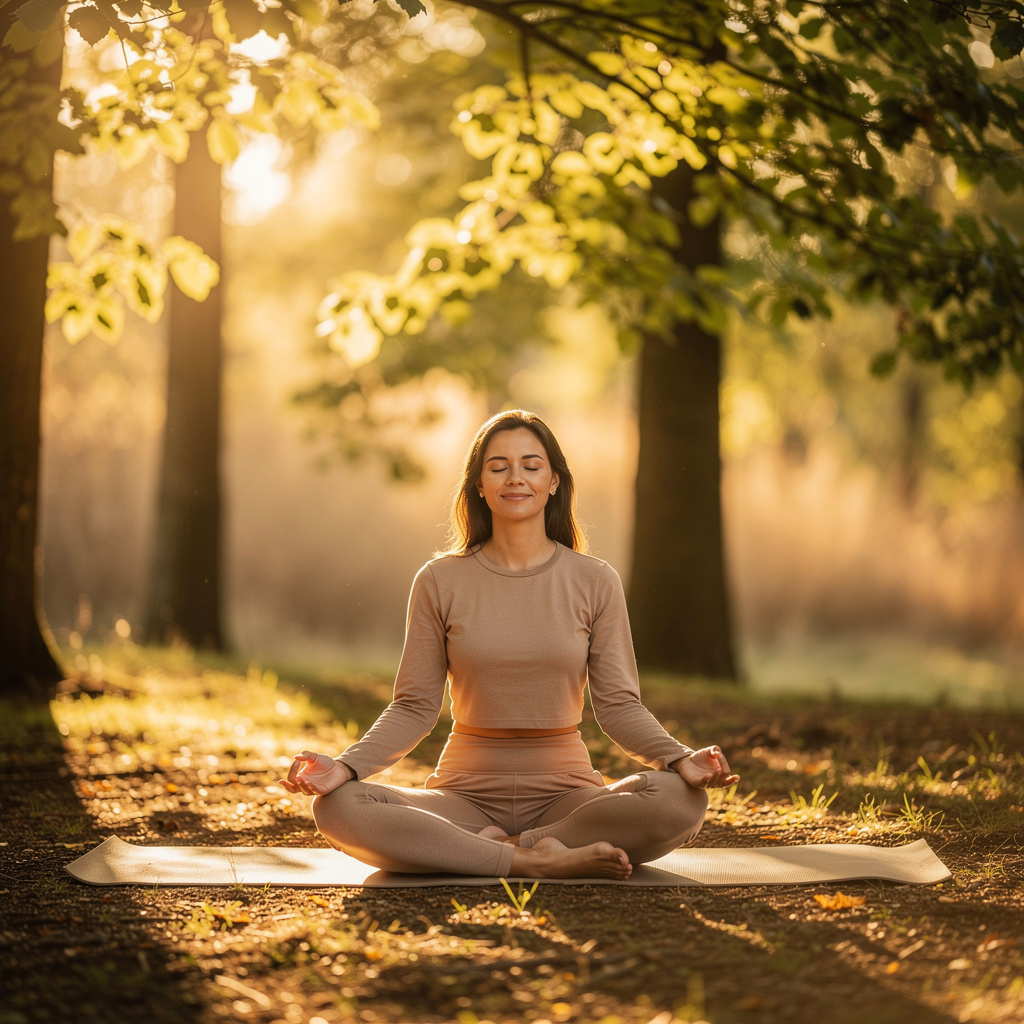 Person meditating in a calm natural setting with warm lighting, representing stress management strategies that support thyroid health