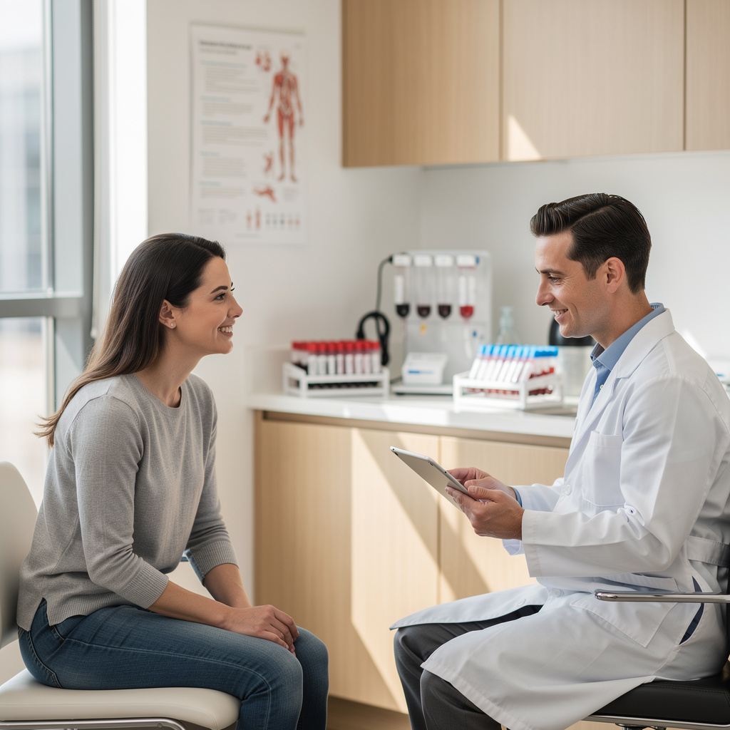 Doctor reviewing lab test results with patient in a modern clinic for BHRT monitoring