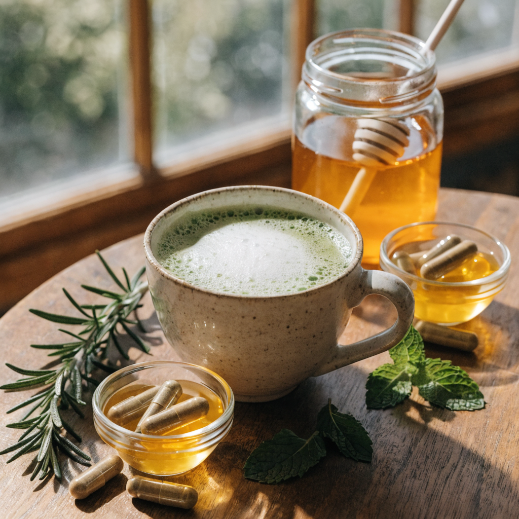 Flat-lay composition showing nootropic stacking concept with matcha green tea and supplement capsules on wooden surface