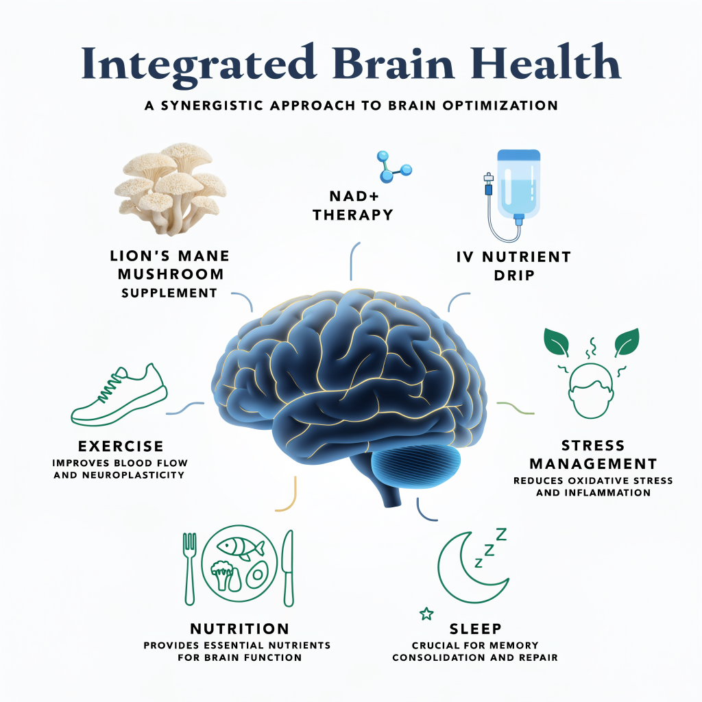 Brain health integration graphic showing lion's mane, NAD+ therapy, IV nutrients, and lifestyle factors working together for optimal cognitive function