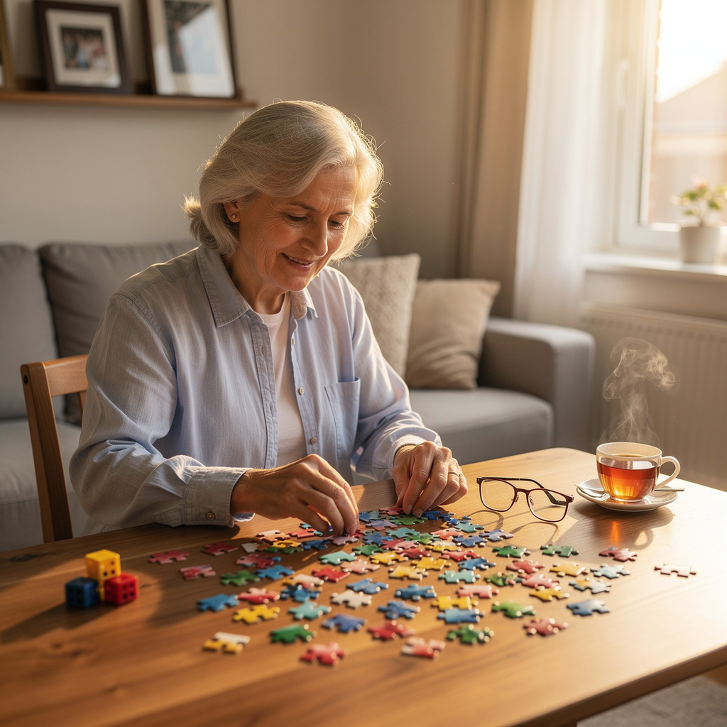 Older adult engaged in a puzzle or learning activity, demonstrating cognitive stimulation for brain health