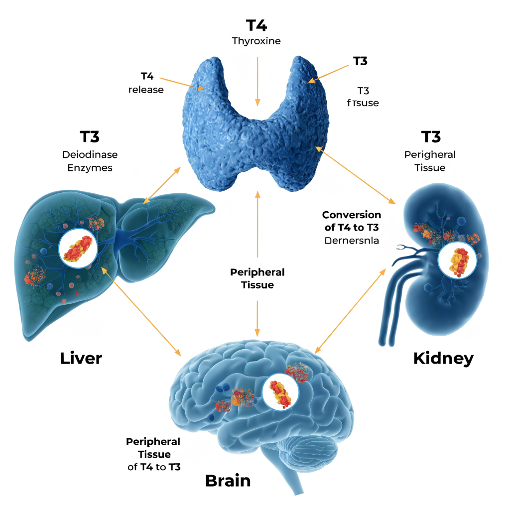 Illustration of how the body converts T4 into active T3 through deiodinase enzymes in peripheral tissues