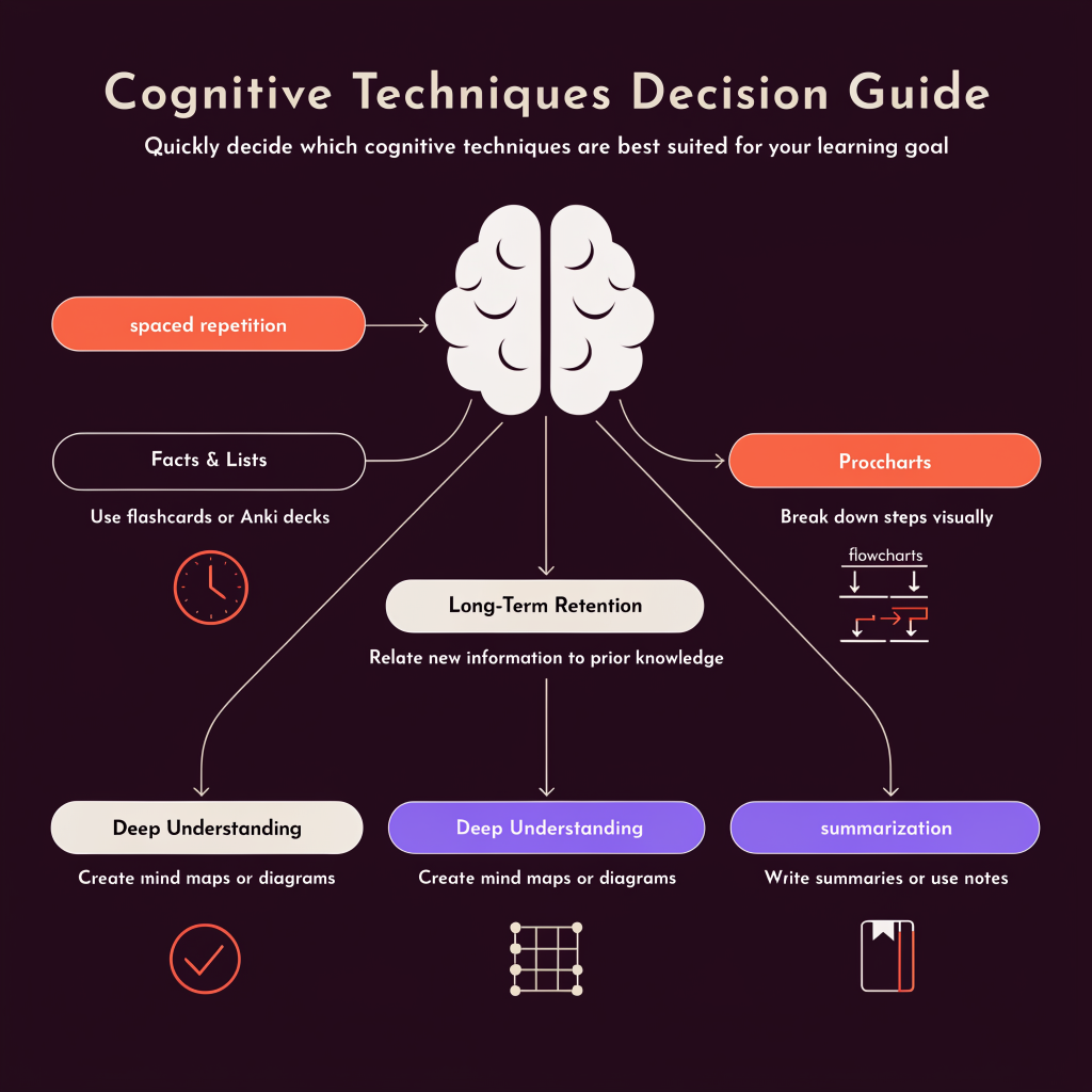 Decision guide infographic showing a flow chart that matches learning goals like facts and lists, long-term retention, and deep understanding to the recommended cognitive technique