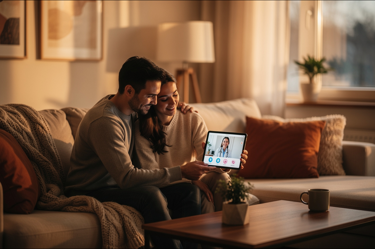 A couple researching fertility information together on a tablet in a warm, comfortable living room, representing the journey of learning about fertility myths and facts.