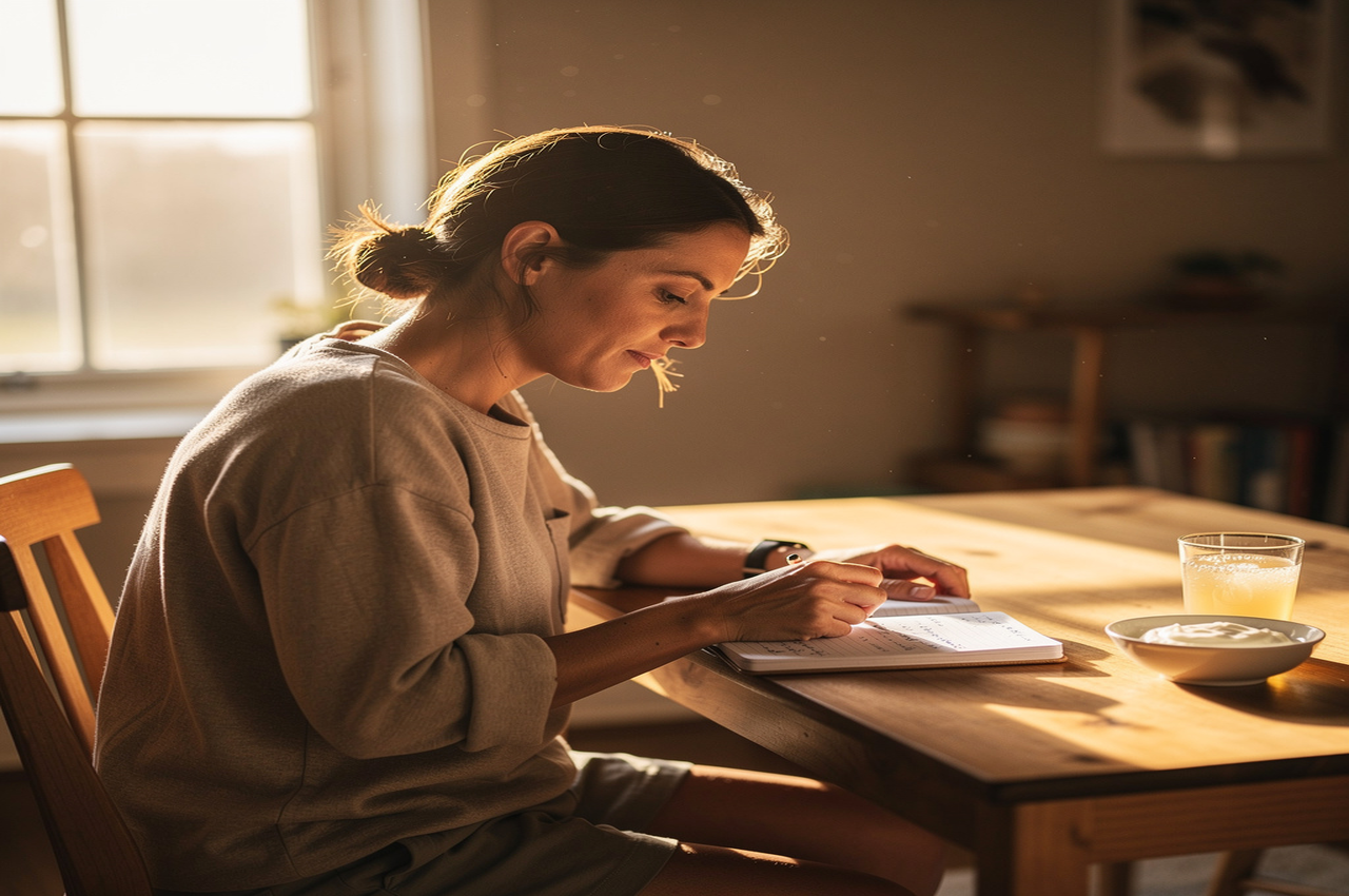 A person thinking clearly at a sunlit desk with a bowl of yogurt and a fermented drink nearby, showing the link between gut bacteria and mental clarity.
