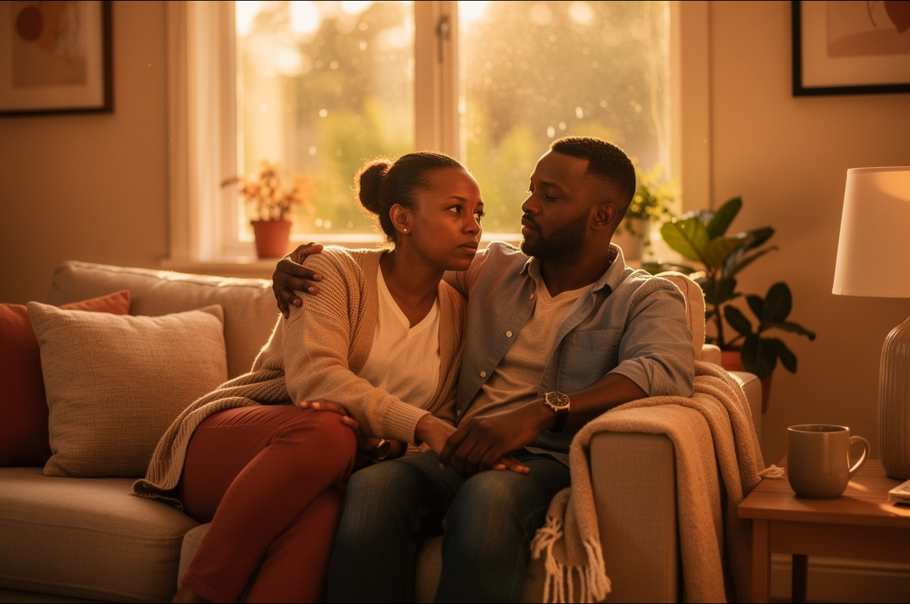 A couple sitting together in warm evening light, supporting each other through the fertility journey